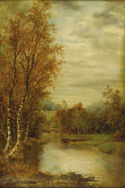 Herbstlandschaft mit Teich und Burgturm von Alfred Augustus Glendening